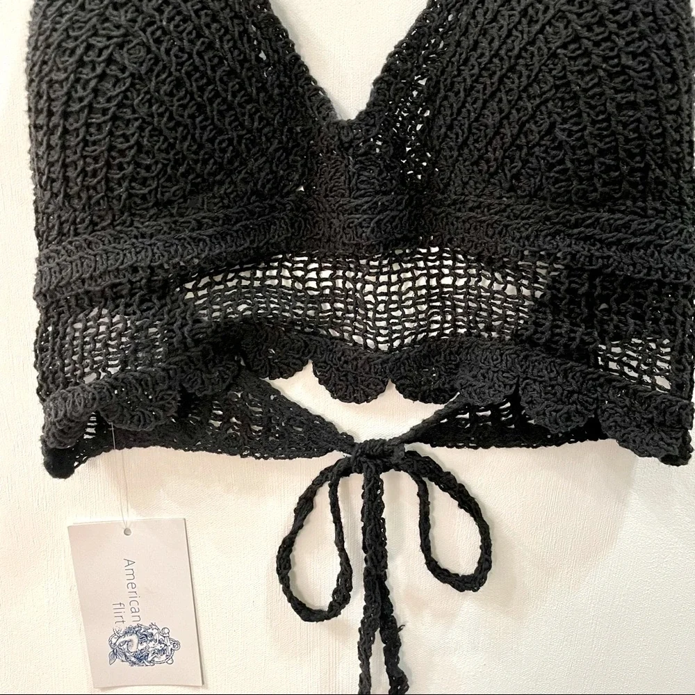 Boho Style Crochet Halter Top Bralette Black - Picture 4 of 13
